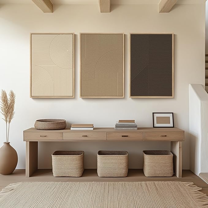 Large 3D Textured Framed Boho Neutral Abstract Wall Art for Living Room, 3 Piece Modern Artwork for Walls, Minimalist Beige Brown Tan Geometric Paintings for Hallway, Stair, Office Wall Decor 24x36 In
