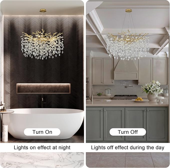 Modern Crystal Chandeliers for Dining Room, 24" Gold Tree Branch Chandelier 8 Lights Kitchen Island Lighting Round Dining Room Chandelier Over Table Embossed Chandelier for Living Room