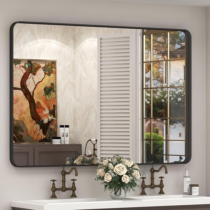 48x30 Black Bathroom Wall Mirror, Black Matal Framed Mirror, Matte Rectangle Bathoom Vanity Mirror, Anti-Rust, Shatterproof, Hangs Vertically or Horizontally