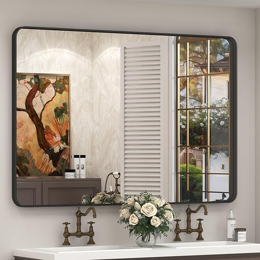 48x30 Black Bathroom Wall Mirror, Black Matal Framed Mirror, Matte Rectangle Bathoom Vanity Mirror, Anti-Rust, Shatterproof, Hangs Vertically or Horizontally
