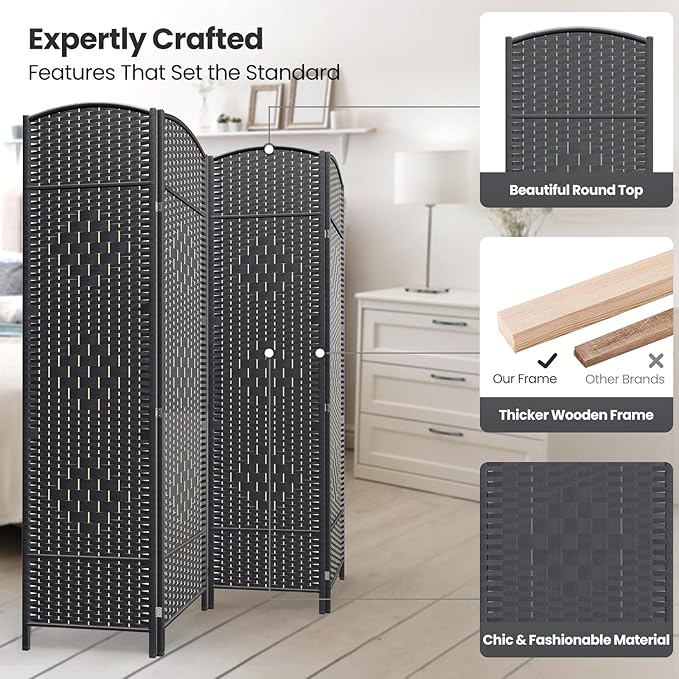 4 Panel Room Divider,6Ft Folding Privacy Screen,Tall - Extra Wide Foldable Panel Partition Wall Divider with Diamond Double-Weaved Hand-Woven Design Room Screen Divider