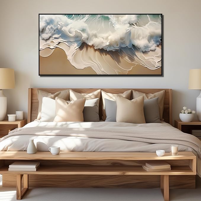 Ocean Waves Canvas Wall Art with Black Frame, Beach Scenery View Home Decor Picture, Sea Waves Canvas Wall-Decoration for Living Room, Seaside Scene Large Decorative Print Artwork for Bedroom 59"x29"