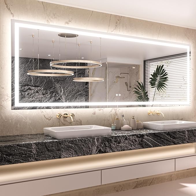 Keonjinn LED Bathroom Mirror 84 ” x 32 ” with Frontlit & Backlit, Lighted Mirror for Bathroom Wall with Dimmable 3-Color Lights, Large Anti-Fog Mirror, HD Tempered Glass, UL-Listed LED Driver
