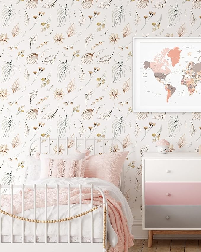 Modern Botanical Wallpaper | Removable Self Adhesive Watercolor Wallpaper | Neutral Floral Peel and Stick (Sample 12" W x 8" H)