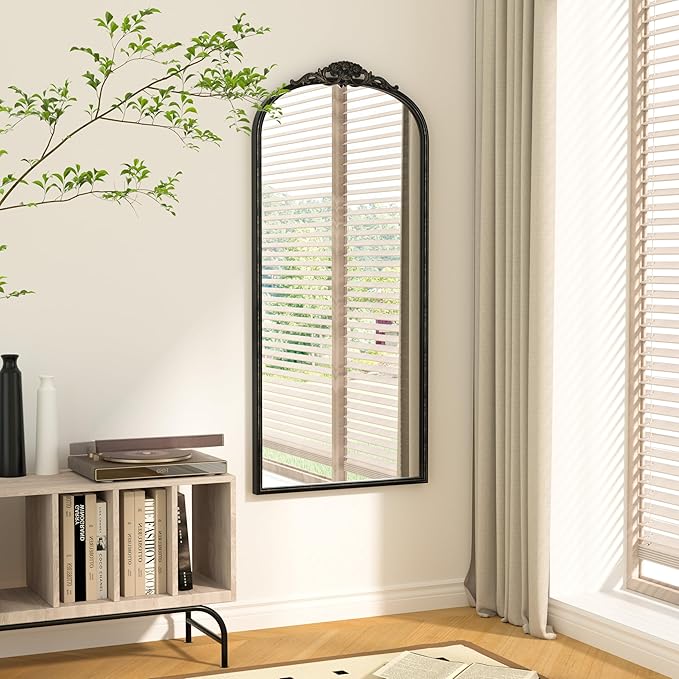 Keonjinn Arched Wall Mirror, 48" x 22" Vintage Mirror Full Length, Black Traditional Decoration Baroque Style, Ornate Mirrors for Hallway, Fireplace, French Cleat Mounting