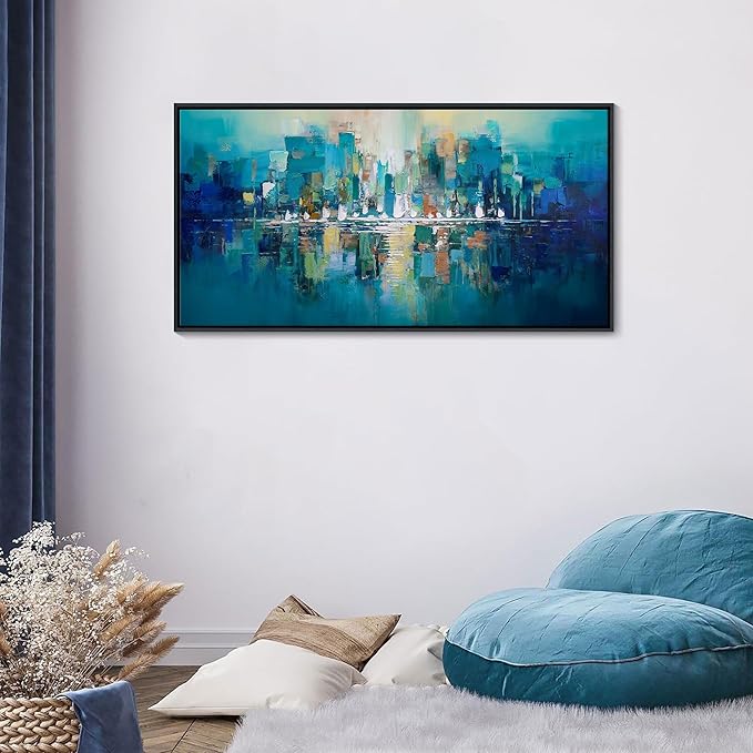 Large Wall Art for Living Room - Abstract Wall Decor Framed Picture Artwork for Wall Decorative Paintings Teal and White Modern Office Bedroom Art
