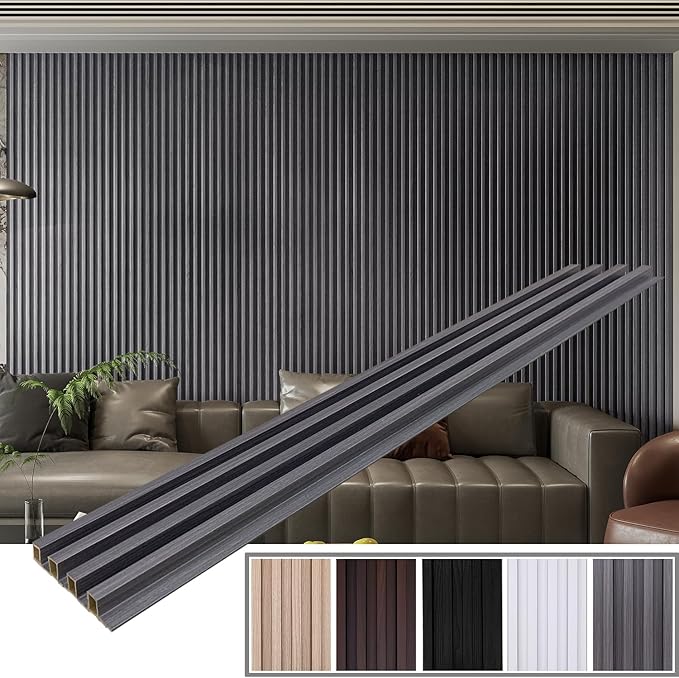 6-Pack Slat Wall Panel with 2 Trims Wood Grain Slat Wall 96" x 6.2" WPC Slats 3D Wall Panels Grey Grille