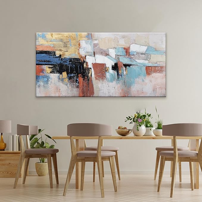 KUPTEU Canvas Wall Art Decor Large Wall Art For Living Room Abstract Art Blue Canvas Art Work Gold Wall Art Decor Colorful Abstract Wall Art Prints For Bedroom Office Kitchen Wall Decor 24" x 48"