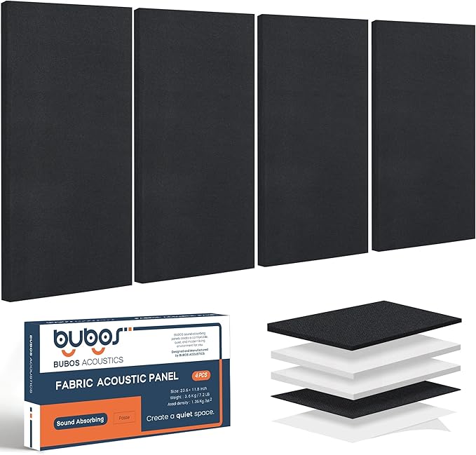 BUBOS 4 PCS Acoustic Panels,23.6''x11.8'' Fabric Soundproof Wall Panels,Self-adhesive Sound Absorbing Panels for Studios, Office, Home Theater,Fabric-Clad Black