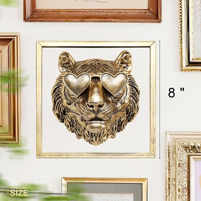 Animal Heads Wall Decor (Includes Metal Frame) Resin Animals Sculptures Head Wall Hanging Decoration Gold vintage Wall Sculpture for Living Room Bedroom Office(Tiger)