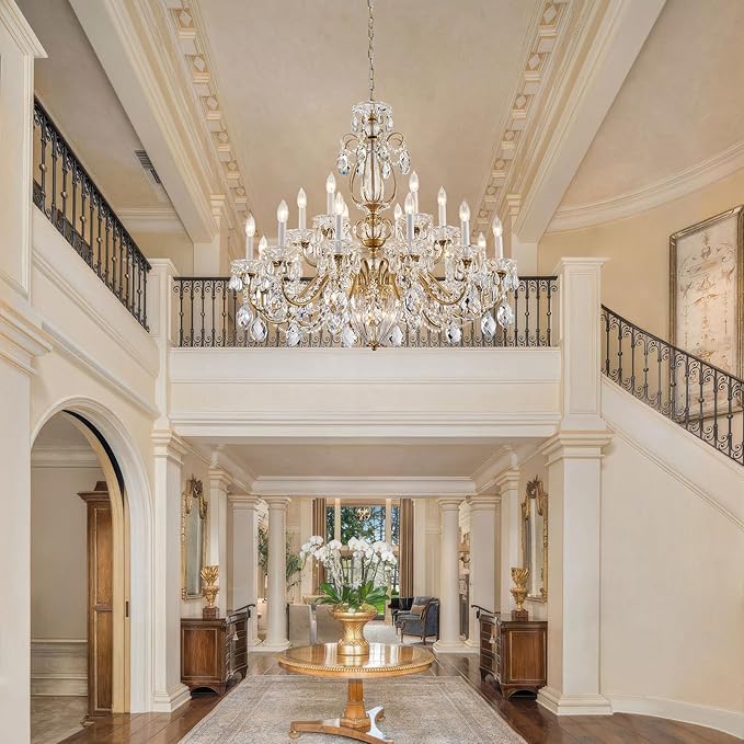 18 Lights Large Crystal Chandeliers for High Ceilings Brass Maria Theresa Chandelier Modern Chandelier Light Fixture for Foyer Entryway Staircase Hallway High Ceiling Living Room Dia 37 inch