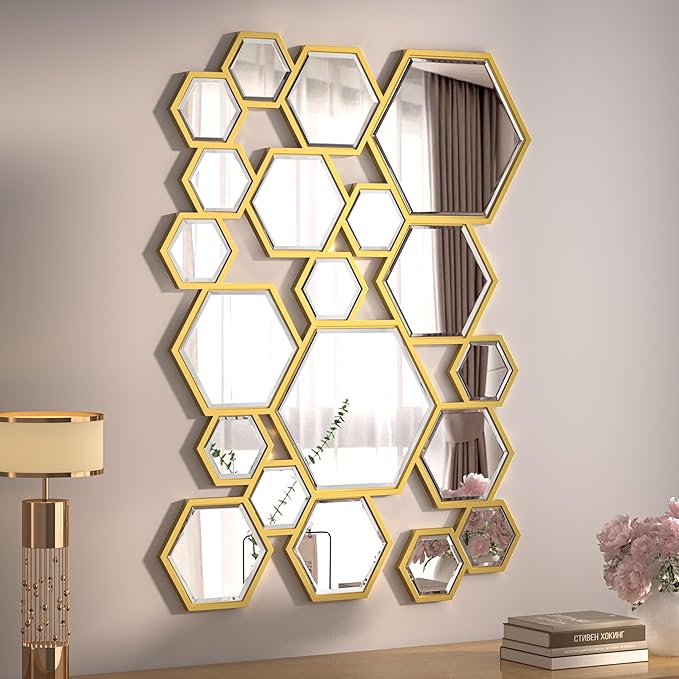KOHORS Wall Decor Mirror Modern Hexagon Gold Wooden Framed Wall Mirror for Living Room,Bedroom,Entryways,Home Decor(W 31.4" x H 23.6" Honey Comb)