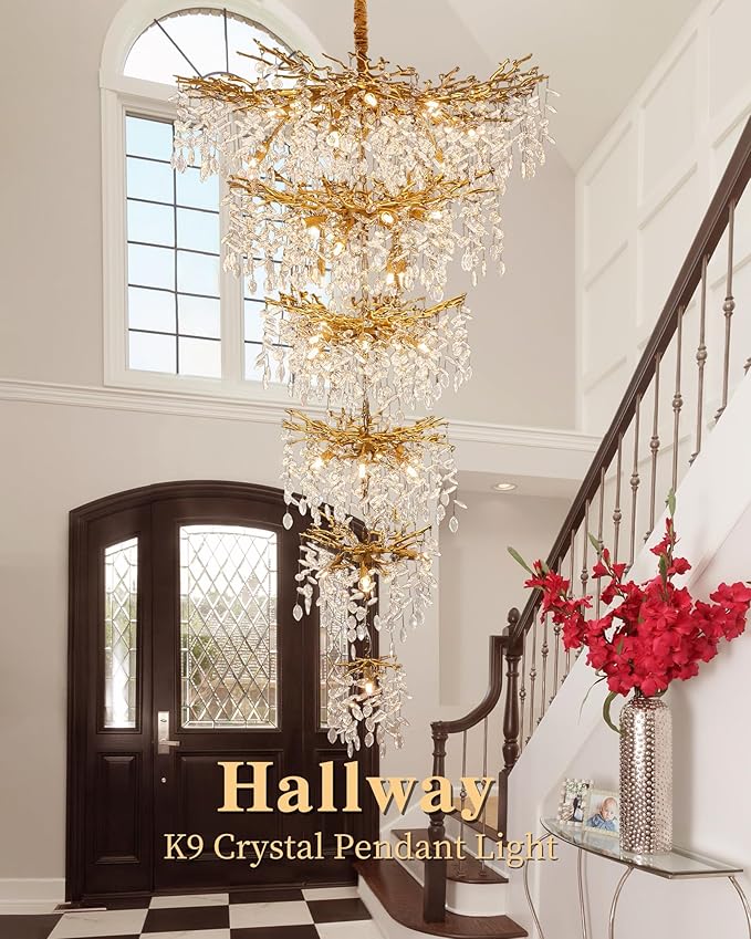 Modern Long Staircase K9 Chandeliers, Luxury Gold 6-Tier Large Foyer Entrance Chandeliers for High Ceiling Big Crystal Chandelier(Height 75 Inch 43 Lights)