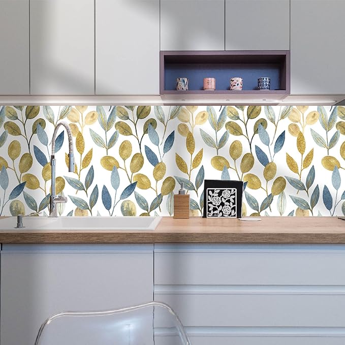 Blue Gold Leaf Peel and Stick Wallpaper Modern Self Adhesive Contact Paper Waterproof Removable Wall Paper for Bathroom Cabinets and Drawers 17.7"x212.6" Luxury Decorative Wallpaper