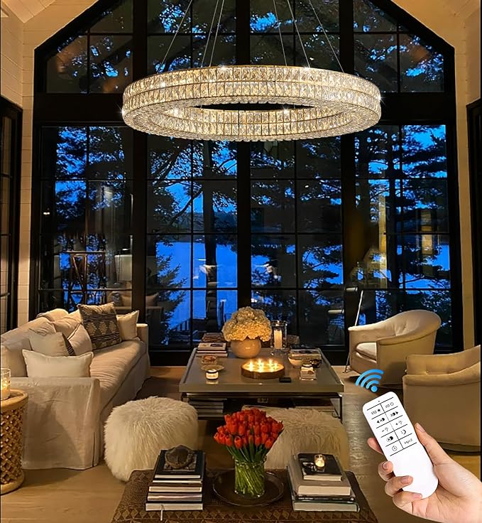 Led Ring Crystal Chandelier for Living Room, Modern Dimmable Chandeliers Lighting and Hanging Adjustable, LED Round Ceiling Chandelier for Dining Room (40inch,Gold)