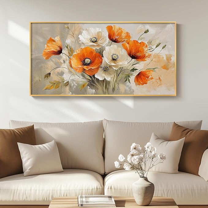 Large Floral Wall Art for Living Room, Gold Framed Orange White Flower Canvas Painting Prints Artwork, Modern Elegant Country Watercolor Flowers Picture for Bedroom Hallway Office Wall Decor, 20x40 In