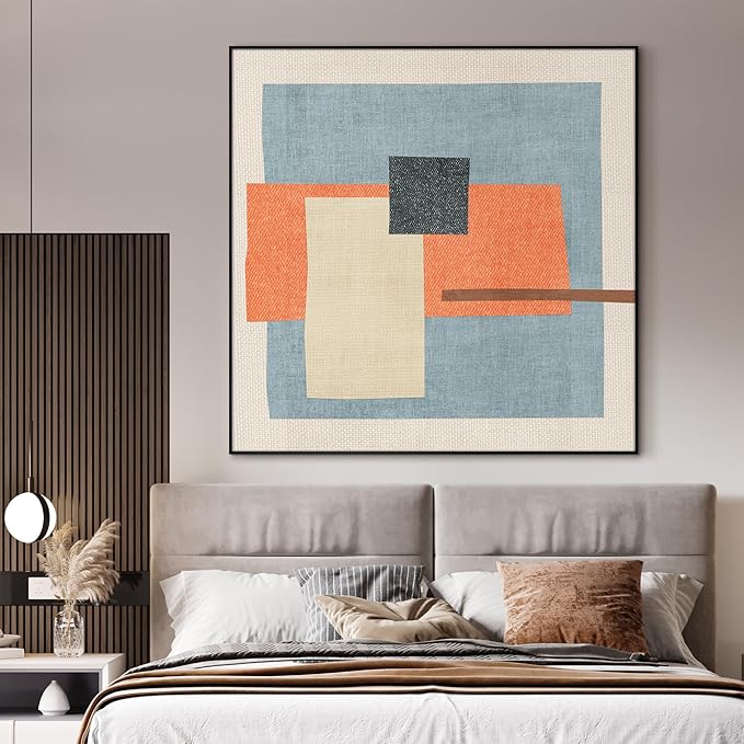 36"x36" Large Framed Wall Art - Orange, Blue & Cream Color Block (Frame Assembly Required)