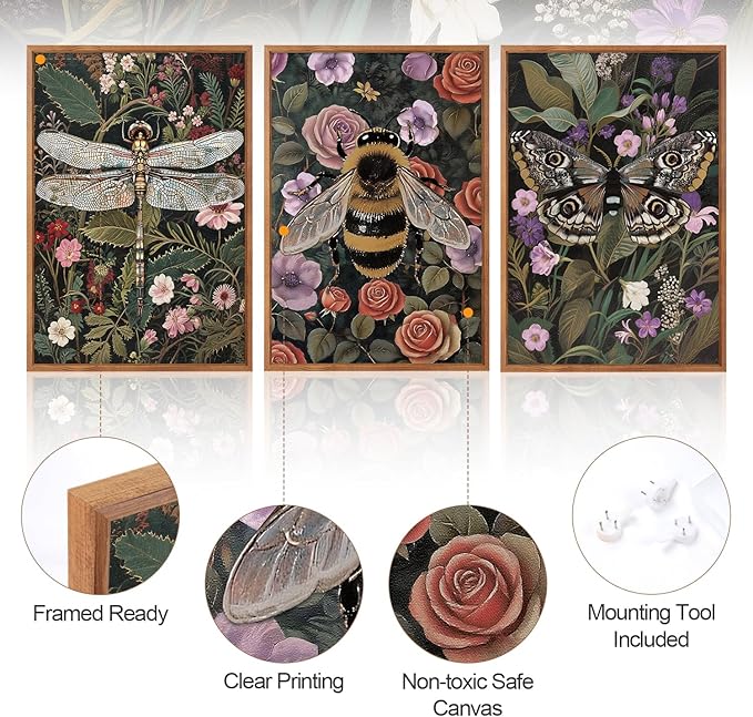 Aurlan Moody Boho Flowers Insect Framed Wall Art(16"x24"), 3PCS Dark Academia Cottage Core Whimsical Bee Butterfly Dragonfly Canvas Artwork, Abstract Vintage Floral Botanical Plant Decor for Home Office Bedroom