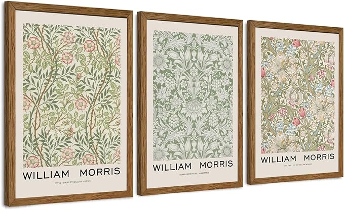JLTULT 3 Piece Wood Frames Vintage Floral Canvas Wall Art, William Morris Flower Pattern Wall Decor, Nature Botanical Picture Artwork Prints for Living Room Bedroom Office 16x24 inch Easy to hang