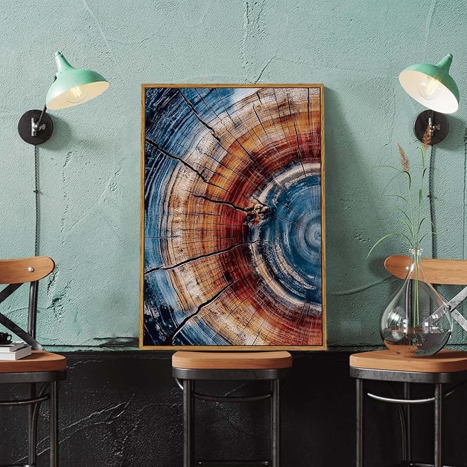 BingruiArt Framed Tree Ring Wall Art Wood Canvas Colorful Boho Wall Decor Rustic Artwork Abstract Painting Farmhouse Picture Nature Print for Living Room Bedroom Bathroom 16"x24" Natural Framed(01)