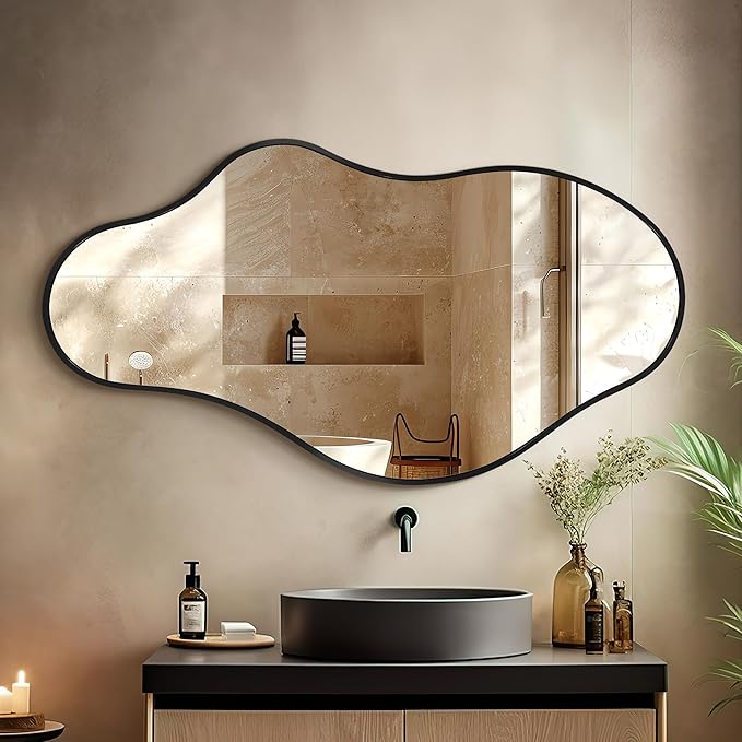 Bathroom Mirrors for Over Sink - Long Wall Mirrors Decorative 24"x 43" Asymmetrical Abstract Aviation Aluminum Alloy Frame Unique for Bedroom, Living Room, Cloakroom, Entryway Black