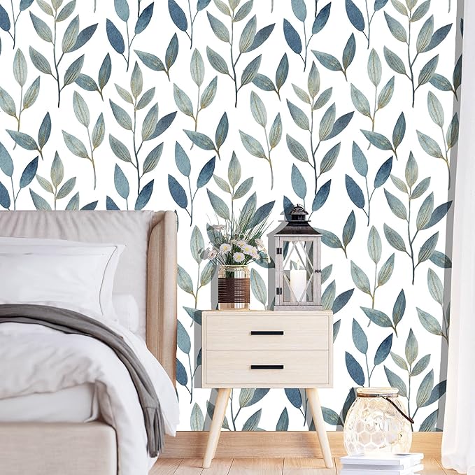 Blue and Gold Leaf Peel and Stick Wallpaper Waterproof Removable Self Adhesive Vinyl Contact Paper for Walls Boho Modern Decor for Bathroom Bedroom or Living Room 17.7" x 70.8"