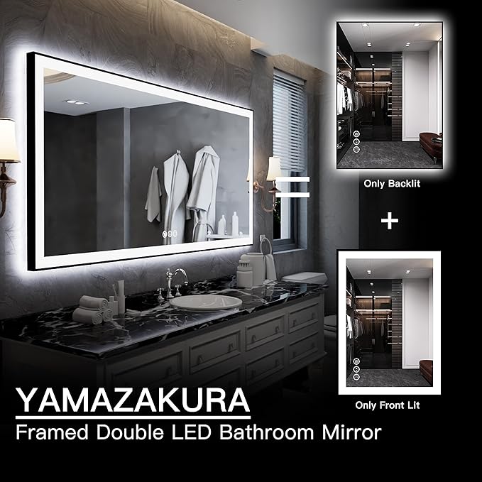 LED Bathroom Mirror 60x28 with Backlit and Front Lighted, Framed Dimmable Illuminated Mirror for Wall Anti-Fog Shatterproof (Horizontal/Vertical)