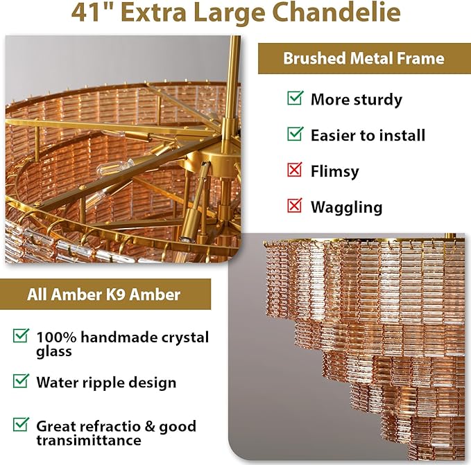 41" Large Chandelier, 18-Light Gold Chandelier for Ding Room, Tiered Amber Round Drum Chandeliers, Crystal Glass Kitchen Island Hanging Light Fixture for Living Room, Foyer, Entryway & Bedroom