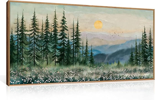 Nature Sunset Forest Framed Canvas Wall Art Set,Watercolor Landscape Green Pine Tree Wall Decor, Modern Boho Mountain Art Printing for Living Room,Bedroom-20 x40