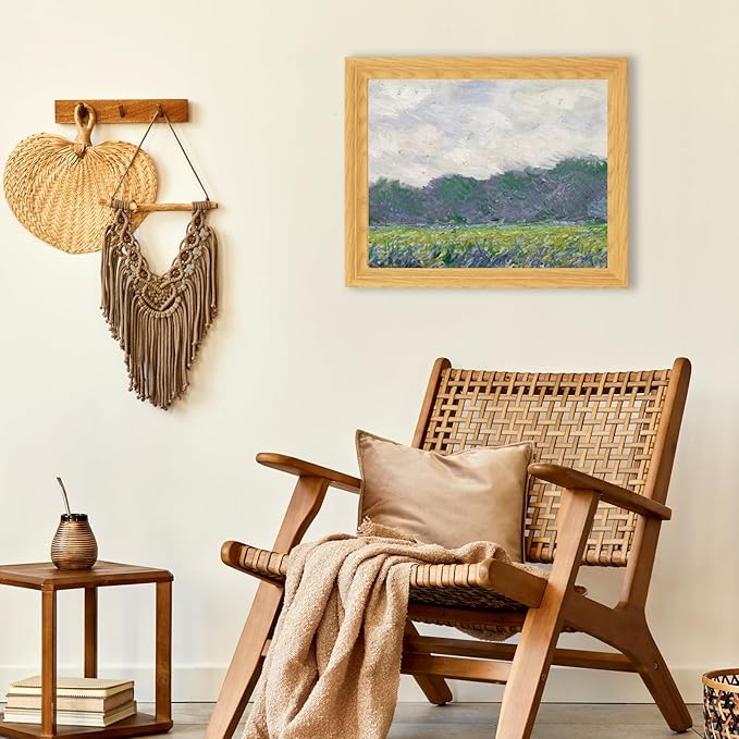 Brivoria Framed Canvas Wall Art Vintage Decor, Impressionist Meadow with Yellow Irises Bold Brushwork and Tree Line for Hallway Dining Room or Nature-Inspired Wall Decoration, 13"x16"