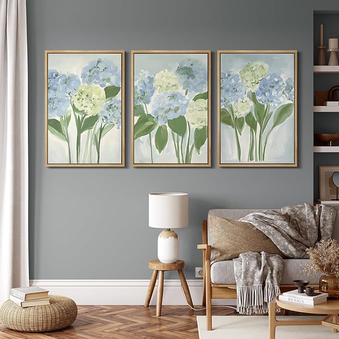 MUDECOR Framed Wall Art Print Set Blue Hydrangea Floral Botanical with Green Leaves Illustrations Modern Art Boho Decorative Colorful Chic for Living Room, Bedroom, Office - 24"x36"x3 Natural