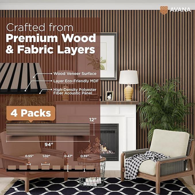 Avana Acoustic Wood Wall Panels – 94.4 x 12.6 Inch Smoke Walnut Acoustic Panels 4 PCs – Wall Panels For Interior Wall Decor For Homes, Offices, Studios – Pleasing Wood Panels For Wall