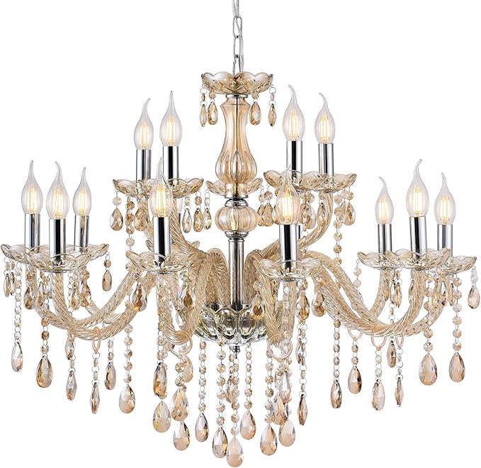 MALOSA Luxury Cognac Large Crystal Chandeliers for Dining Room,Living Room,Bedroom 30.7" 15 Lights