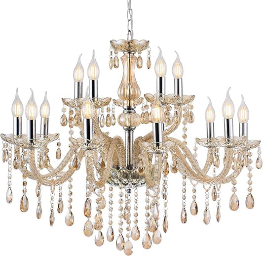 MALOSA Luxury Cognac Large Crystal Chandeliers for Dining Room,Living Room,Bedroom 30.7" 15 Lights