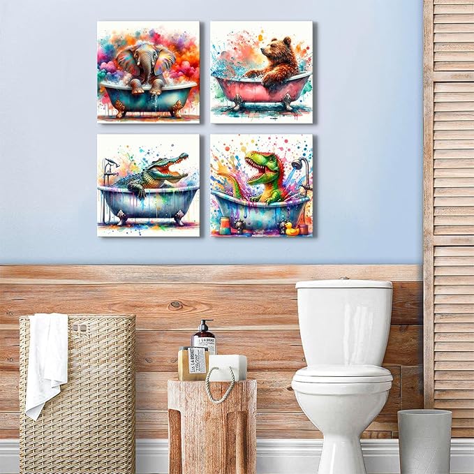 Kids Bathroom Funny Animals Wall Art Watercolor Elephant Dinosaur in Bathtub Pictures Canvas Prints Cute Bear Crocodile Shower Painting Framed Artwork Toddler Nursery Playroom Home Decoration 16x16”4P