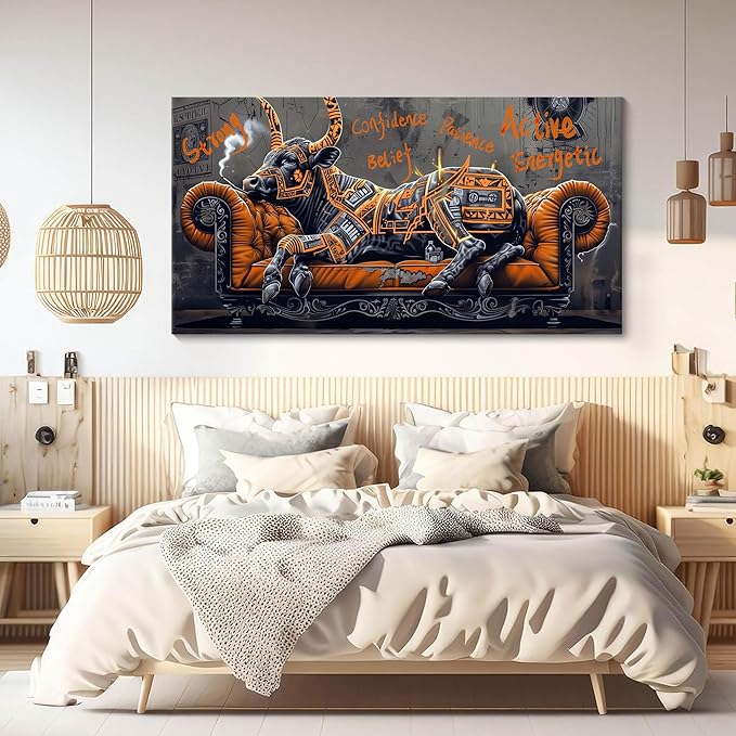 JEAWA Canvas Wall Art Decor - Large Creative Wall Art for Bedroom Living Room Bathroom, Modern Artwork Decor for Home Decoration, Strong Bull Color Graffiti, 29x58 IN