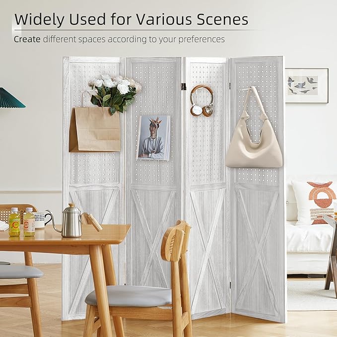 4 Panel Pegboard Display Room Divider Panel, Peg Board Room Divider and Folding Privacy Screen, 5.6Ft Wood Divider Wall, Pegboard Display Stand Organizer for Art, Craft Show, Jewelry (White)