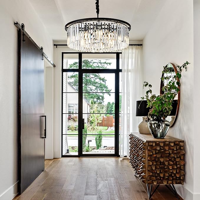 23" 8-Light Modern Crystal Chandelier Light Fixtures 2 Rings Black Luxury Chandeliers for Dining Room Round Hanging Pendant Lighting for Living Room Kitchen Entryway Bedroom