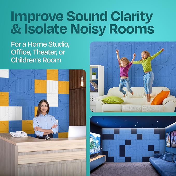 Acoustic Panels 12-Pack Soundproof Wall Panels 12"x12"x0.4" Decorative Sound Dampening for Your Home, Office, Studio, Bedroom & More with Unique ModuArc Carving [Grand Blue]