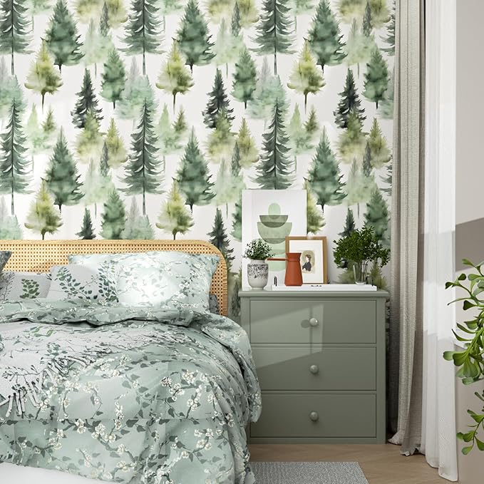 Misty Forest Wallpaper Peel and Stick Foggy Green/Yellow Pine Trees Contact Paper 17.4" x 393" Waterproof Self-Adhesive Woodland Wall Paper for Bedroom Countertop Desk Cabinets Decor Renter Friendly