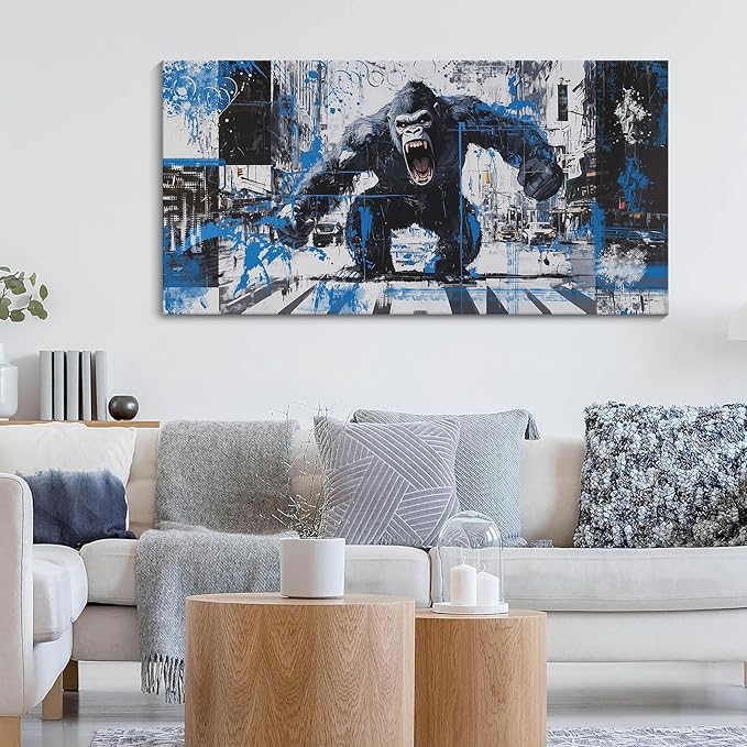 JEAWA Large Canvas Wall Art, Funny Angry Gorilla Abstract City Street Graffiti Pop Paintings Black and White Modern Picture for Living Room Bedroom Men Teenage Study Home Office Decor 24x48 IN