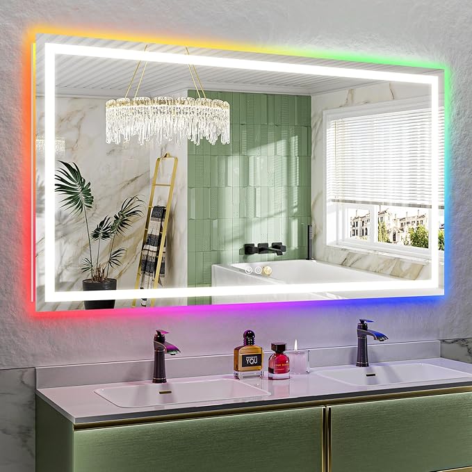 72x40 Inch RGB LED Bathroom Mirror Front Light and RGB Backlit Lighted Vanity Mirror for Bathroom Wall Mounted Dimmable Anti Fog Memory Shatter-Proof IP54 Waterproof Horizontal/Vertical