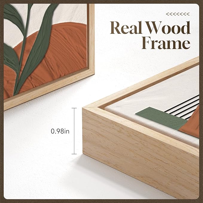 Boho Framed Canvas Wall Art, 3 Pieces Beige Black Orange Abstract Geometric Prints, Boho Wall Hanging Pictures for Living Room, Hallway, Office - Total 30x60 Inch