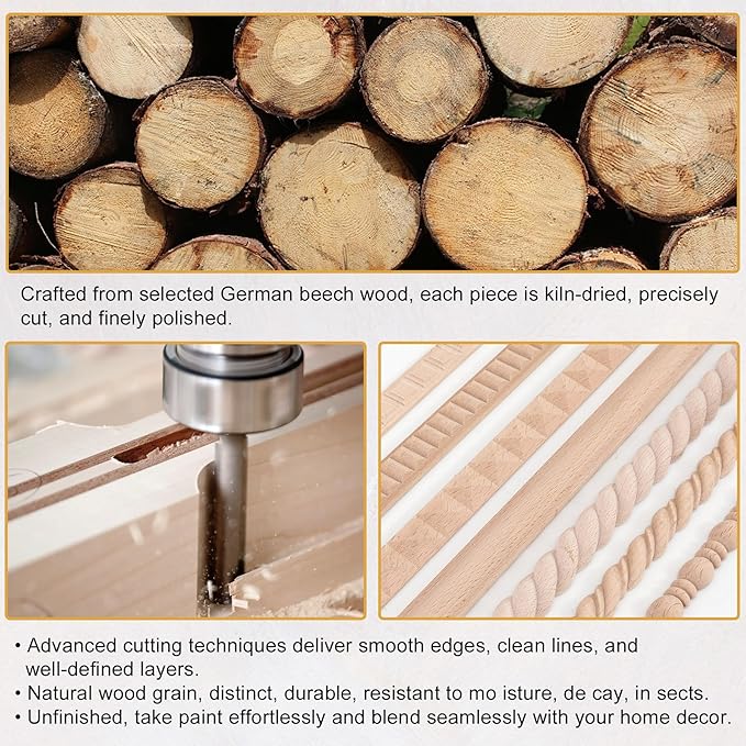 15-Pack 15.75" Unfinished Wood Astragal Trim - Easy to Paint, Cute Decorative Molding DIY Craft for Furniture Frame, Mirror Edge, Wall, Door, Closet, Dresser, Shelf