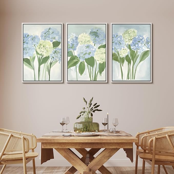 MUDECOR Framed Wall Art Print Set Blue Hydrangea Floral Botanical with Green Leaves Illustrations Modern Art Boho Decorative Colorful Chic for Living Room, Bedroom, Office - 24"x36"x3 White
