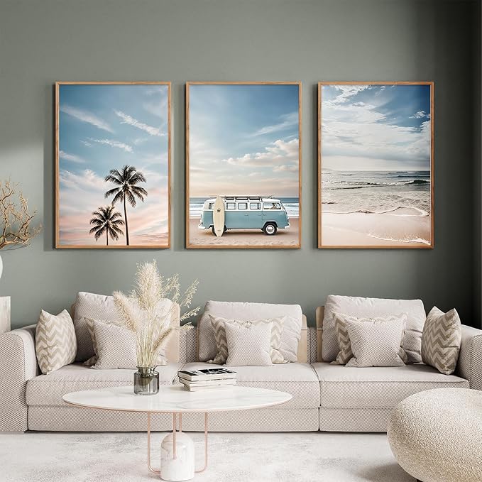 Ausril Large Ocean Beach Framed Canvas Wall Art Set, Bus and Palm Tree Wall Decor, Coastal Beach Surfboard Wall Painting, Modern Seaside Art Prints for Living Room, Bedroom, Dining Room - 24"x36"x3