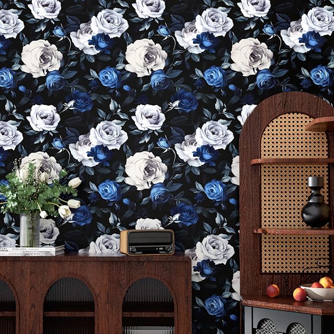 Black Foral Wallpaper Peel and Stick Dark Blue White Rose Contact Paper, Self-Adhesive Removable Vintage Flower Wall Paper for Bedroom Countertop Desk Cabinets Decor 17.4" x 118" Renter Friendly