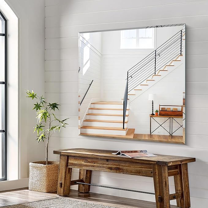 KOCUUY Beveled Mirror, 42x42 Inch Large Frameless Square Bathroom Mirror for Over Sink, Upgraded Shatterproof Beveled Unframed Design Mirror for Bathroom, Bedroom, Hang Horizontal/Vertical