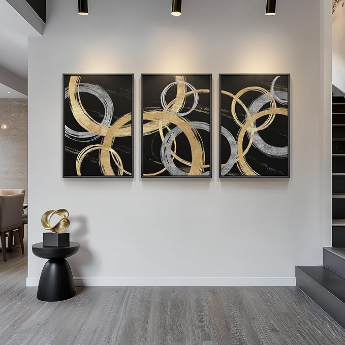 Large Framed Black and Gold Abstract Canvas Wall Art for Living Room, 3 Piece Modern Prints Paintings Artwork for Walls, Gold Silver Abstract Circle for Hallway Dining Office Wall Decor 24x36 Inch
