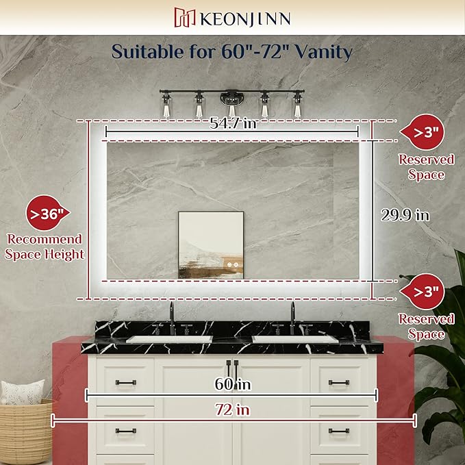Keonjinn 55 x 30 Inch LED Bathroom Mirror with Backlit, Anti-Fog Vanity Mirror, CRI90+ HD Tempered Glass, Stepless Dimmable, High Lumen, UL Listed, IP44 Waterproof, Horizontal/Vertical